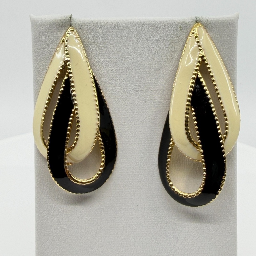 Chic Black and Cream Teardrop Enamel Earrings Gold Tone Statement Jewelry Trendy